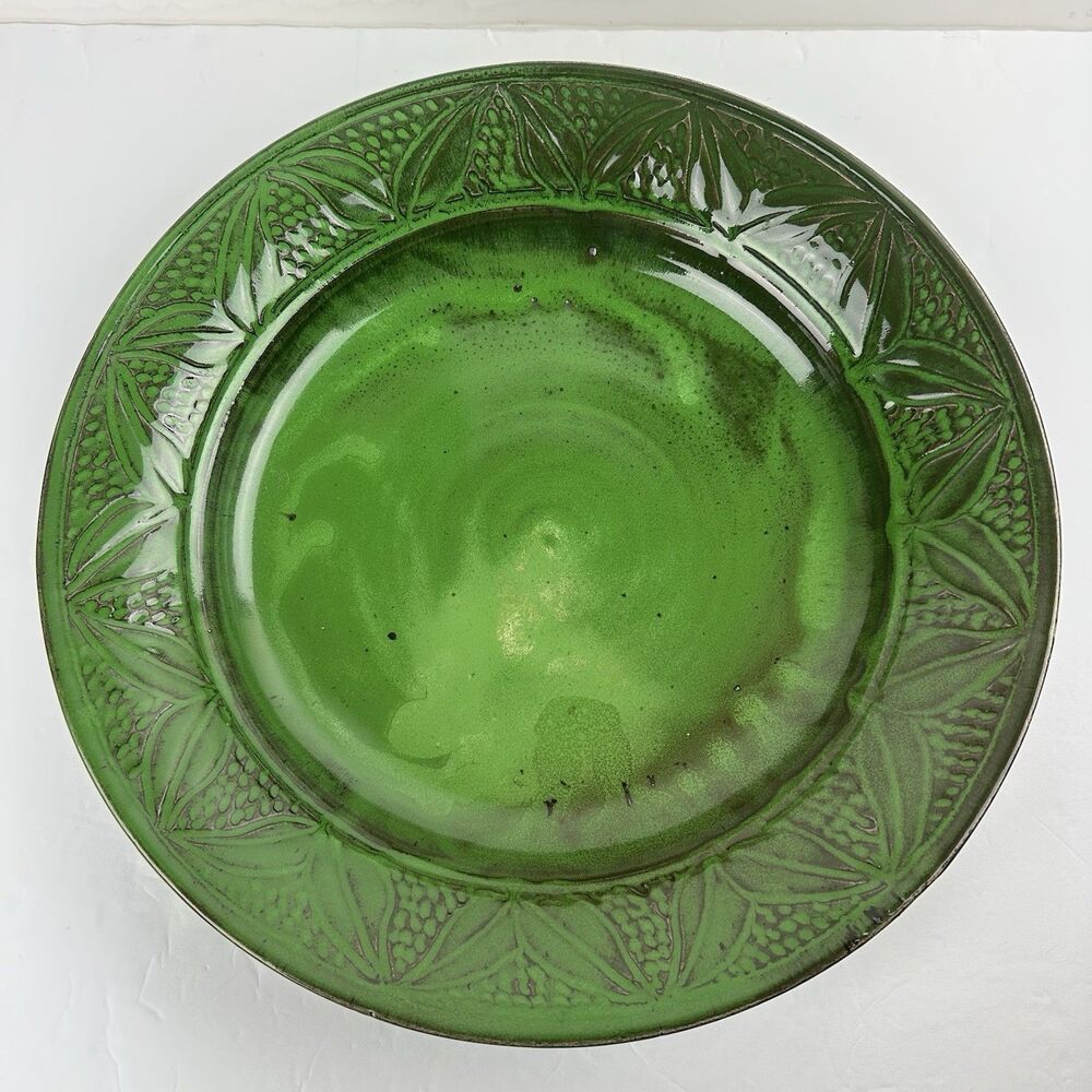 Studio Art Ceramic Hand Thrown Pottery Bowl Green Leaf Stoneware Serving Dish
